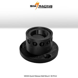 May include: A black 3D-printed MOZA Quick Release Wall Mount. The mount has a circular base with three holes and a cylindrical top section with several circular cutouts. The Sim Racing Accessories logo is in the top left corner.