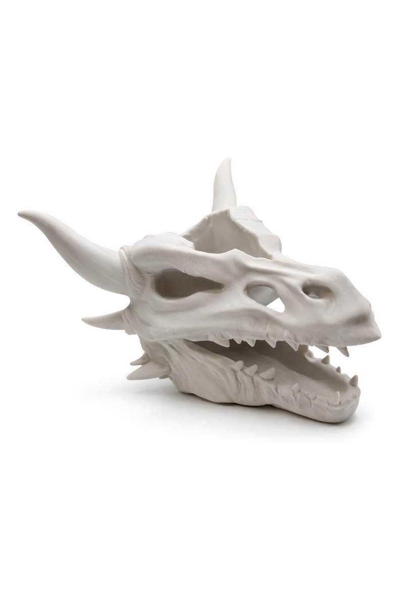 Side profile view of the dragon skull planter emphasizing horns, eye sockets, and bone contours.