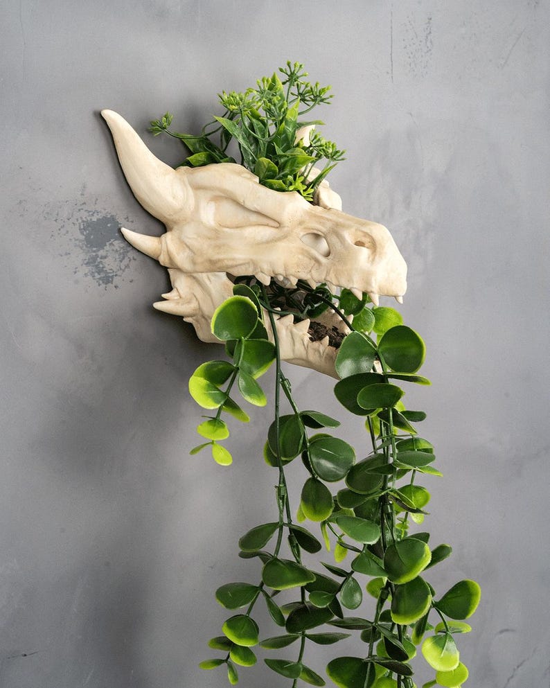 White dragon skull wall planter with trailing vines.