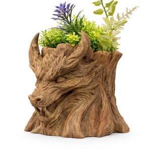 3D Printed Wood Dragon Planter – Mythical Forest Creature Pot for Succulents or Herbs