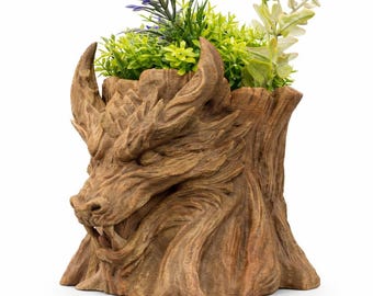 3D Printed Wood Dragon Planter – Mythical Forest Creature Pot for Succulents or Herbs
