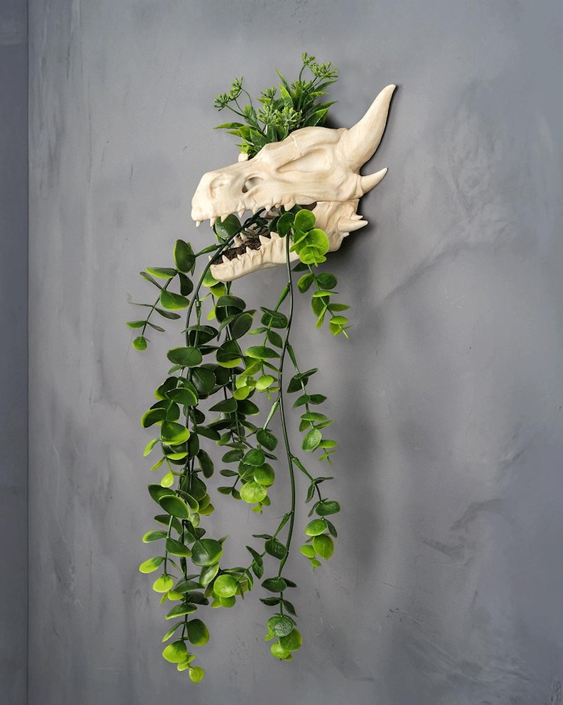 Front view of gothic dragon skull with plants inside.