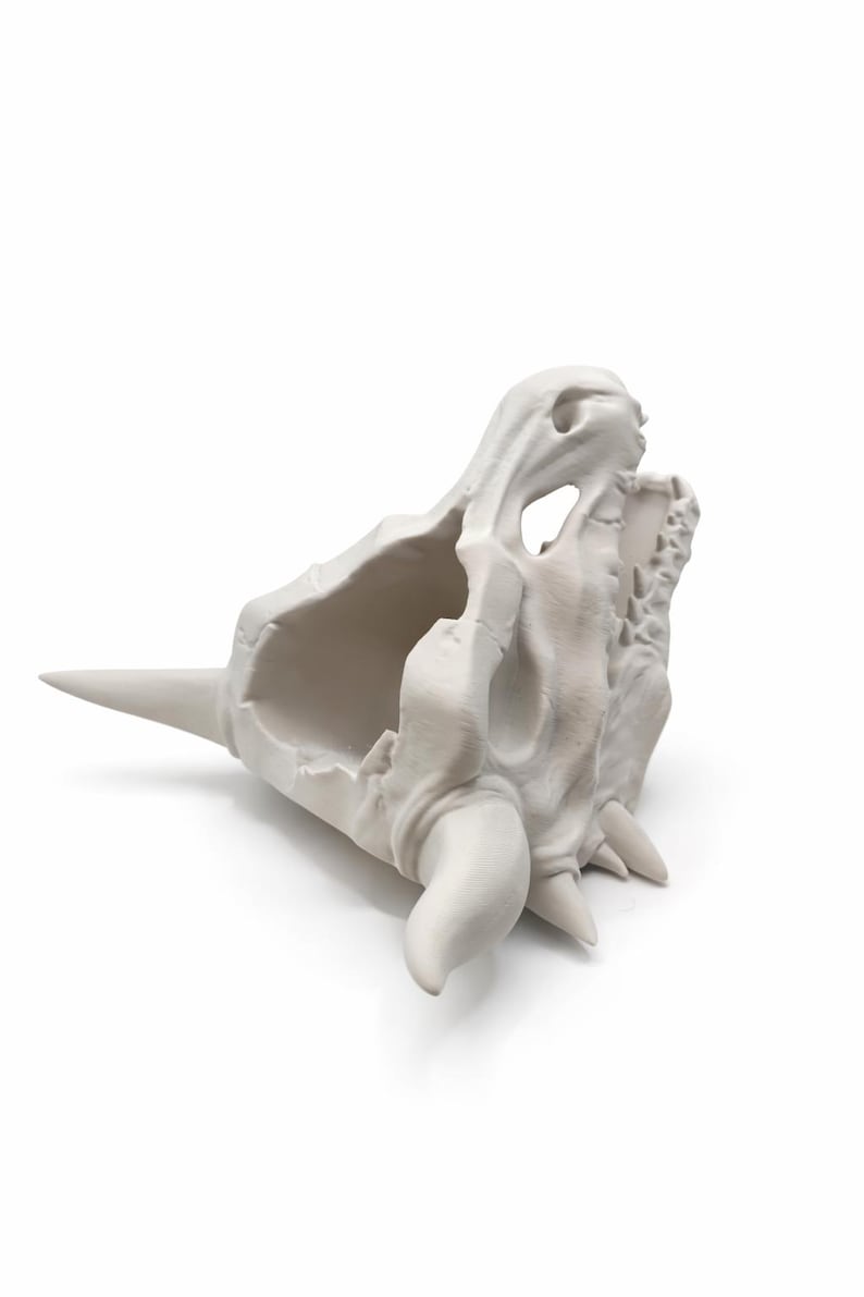 Rear angled view of the dragon skull planter showing the hollow interior and mounting orientation.