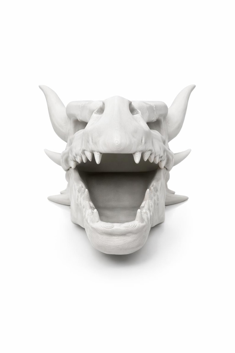 Front view of the dragon skull head planter with mouth fully open, showing teeth and interior cavity.