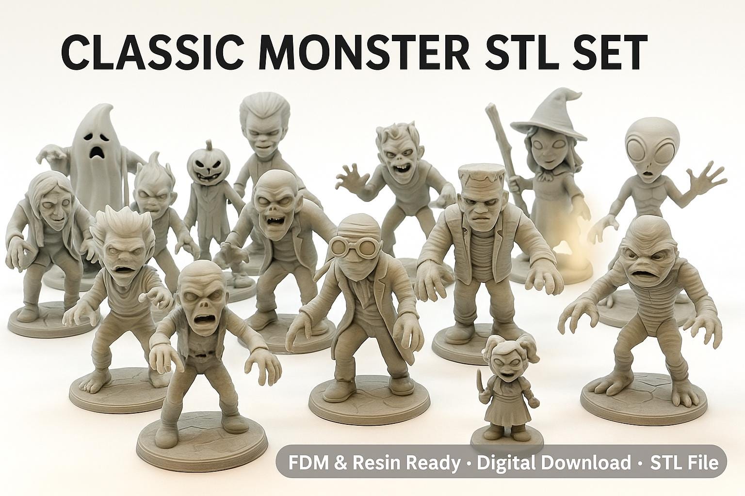Classic Monsters Mini Collection – 17 Stylized STL Miniatures