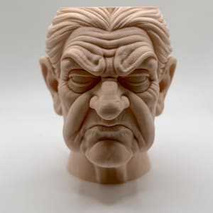 May include: A light beige, monochromatic 3D printed sculpture of an elderly person's head. The figure features deep facial wrinkles, a prominent brow, a wide nose, and a stern, downturned mouth. The hair is styled back with visible texture lines.