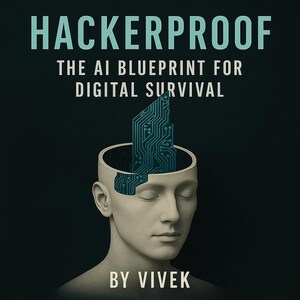 以下が含まれることがあります： 「ハッカープルーフ：デジタルサバイバルのためのAIブループリント」というタイトルがターコイズブルーの背景に白い文字で書かれた本の表紙。表紙には、回路基板が内蔵された人間の頭部のスタイリッシュな画像が描かれている。