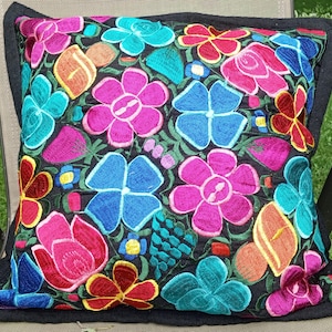 Floral Pillow Covers, Embroidered Mexican Bright Colors, Flowers, Throw Pillow, Decorative Pillow, Hand made, Mexican Pillow Case
