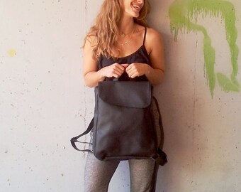 Sale - black canvas backpack minimal style  for women  - Vegan black backpack purse - Laptop Bags - black rucksack - black bags womens