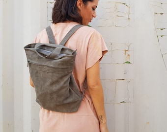 Gray soft leather Backpack Purse, Handbag for women, carry all bag, School Bag, office bag, laptop rucksack bag