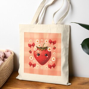 Cute Strawberry Print Cotton Canvas Tote Bag, Eco-Friendly Grocery Bag, Reusable Shopping Tote, Gift for Her, Summer Accessories
