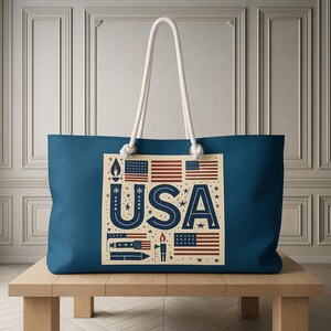 愛国的なウィークエンダーバッグをカスタマイズ | ブルー | 旅行用USAデザイントートバッグ、夏のビーチアクセサリー、カスタムネームバッグ、友人へのギフト