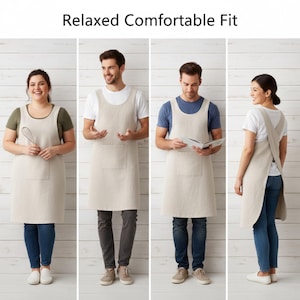 May include: Beige linen aprons with a relaxed fit, featuring a large front pocket. The aprons are worn by people of different sizes and genders. The text "Relaxed Comfortable Fit" is displayed at the top of the image.