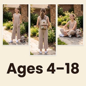 May include: Three images show a young person wearing a tan jumpsuit and white trainers, with a matching backpack. The backpack has a brown and tan pattern. The text "Ages 4-18" is at the bottom of the image.