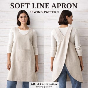 Pode incluir: Avental de linho bege com um grande bolso frontal, mostrado de frente e de costas. O avental é usado sobre uma camisa branca de manga comprida e jeans azuis. O texto "SOFT LINE APRON" e "SEWING PATTERN" está no topo.