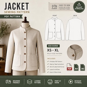 May include: A beige jacket sewing pattern featuring a mandarin collar, five brown buttons, and two front patch pockets. The digital file includes front and back technical sketches, a size range from XS to XL, and printable PDF instructions.