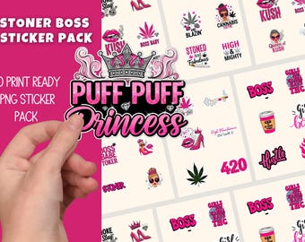 Paquete de pegatinas digitales de chica fumeta, diseño de cannabis, 300 DPI, fondo transparente, PNG