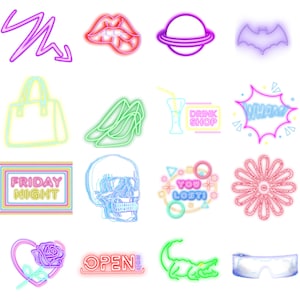 May include: A selection of neon-style illustrations on a white backdrop. The images include a zigzag arrow, lips, a planet, a bat, a handbag, high heels, a drink, a "WHAM!" speech bubble, a "FRIDAY NIGHT" sign, a skull, a "YOU LOST!" sign, a flower, a heart with a rose, an "OPEN" sign, a crocodile, and glasses.