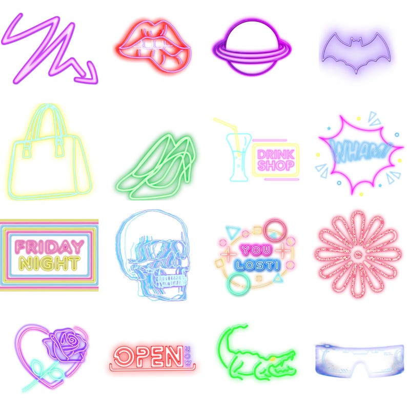 May include: A selection of neon-style illustrations on a white backdrop. The images include a zigzag arrow, lips, a planet, a bat, a handbag, high heels, a drink, a "WHAM!" speech bubble, a "FRIDAY NIGHT" sign, a skull, a "YOU LOST!" sign, a flower, a heart with a rose, an "OPEN" sign, a crocodile, and glasses.