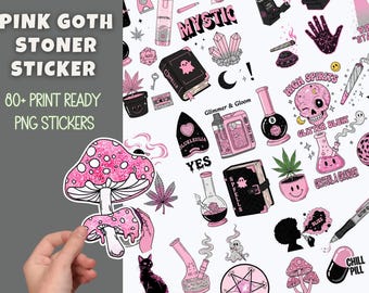Pink Goth Stoner-klistermärkespaket: Häxig Y2K PNG-grafik (digital nedladdning)