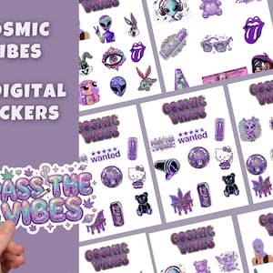 Cosmic Stoner Sticker Pack: Purple Y2K PNG Graphics (Digital Download)