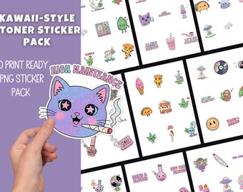 Kawaii-Style Stoner Sticker Pack, 300 DPI, Stoner PNG, Instant Download, Digital Stickers, Fun Collection