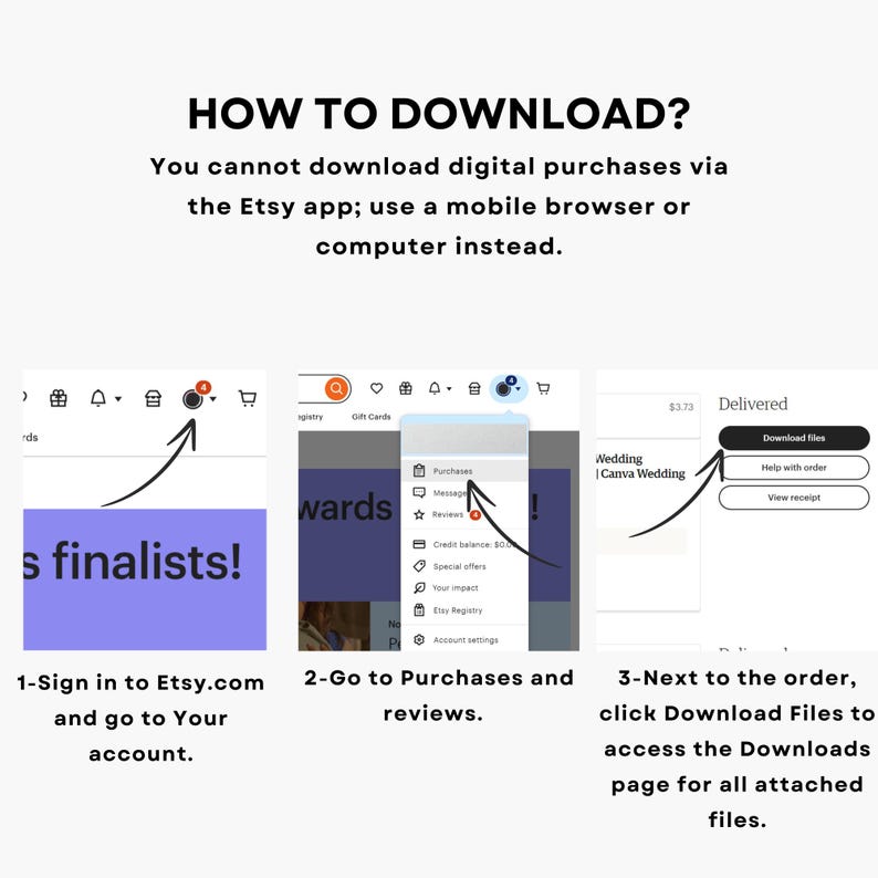 May include: A white graphic with instructions on how to download digital purchases from Etsy. The steps include signing in, going to purchases, and clicking "Download Files". The text is in black font on a white background.