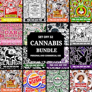 Peut inclure: Ensemble de 32 graphiques numériques sur le thème du cannabis. Les motifs incluent des personnages de dessins animés, des feuilles de cannabis et du texte tel que "Where's the Weed ?" et "Cannabis Bundle". Disponibles en formats PNG, SVG, DXF et EPS.