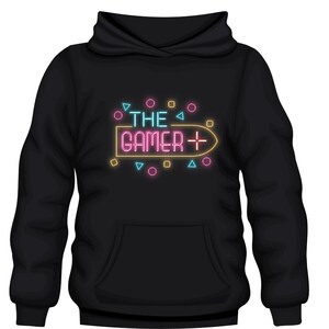 May include: Black hoodie featuring a neon graphic with the text "THE GAMER" in pink and yellow, plus geometric shapes. The hoodie has a hood and a front pocket.