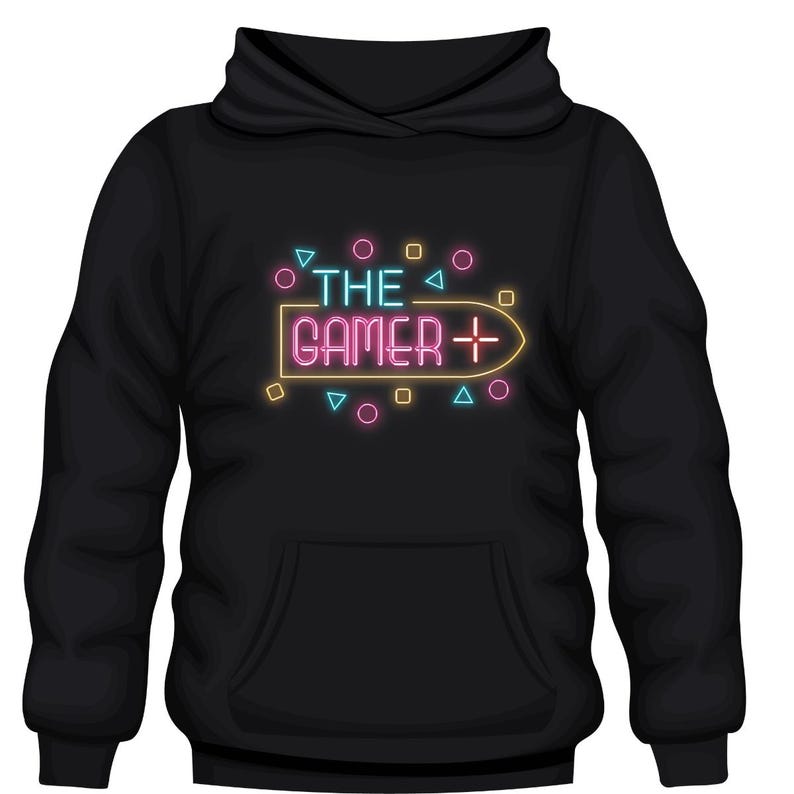 May include: Black hoodie featuring a neon graphic with the text "THE GAMER" in pink and yellow, plus geometric shapes. The hoodie has a hood and a front pocket.