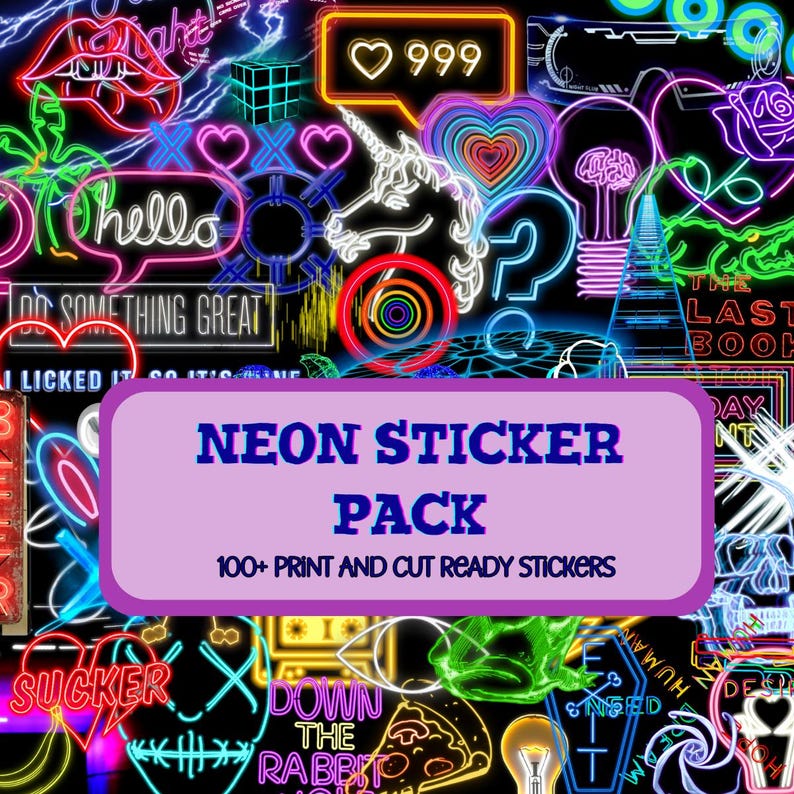 May include: A colourful assortment of neon stickers, showcasing designs like hearts, lips, and a unicorn. The image includes a central text box stating "NEON STICKER PACK" with "100+ PRINT AND CUT READY STICKERS" beneath it, all against a black background.