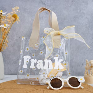 Blumenmädchen Vorschlag Geschenktasche, benutzerdefinierte Gänseblümchen Geschenktasche mit Griff, personalisierte transparente Geschenktasche mit Band, Hochzeitsideen, Mädchensonnenbrille
