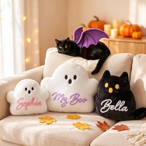 Personalized Spooky Plush Pillow, Custom Name Ghost Cat Cushion, Birthday Baby Shower Gift for Kids Bedroom Decor