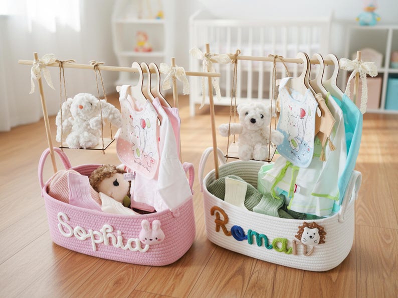 May include: Two decorative baby clothes organizers. One pink basket with the name "Sophia" and a bunny, and one white basket with the name "Roman" and a lion. Each has a wooden swing with a stuffed animal and baby clothes.