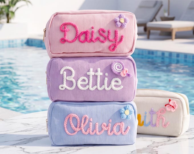 Custom Corduroy Makeup Bag: Personalized Yarn Name Pouch, Gift For Girls