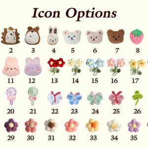 May include: A collection of 36 embroidered icon options, including animals, flowers, butterflies, and lollipops. The icons are numbered and displayed on a cream-colored background. The text "Icon Options" is at the top.