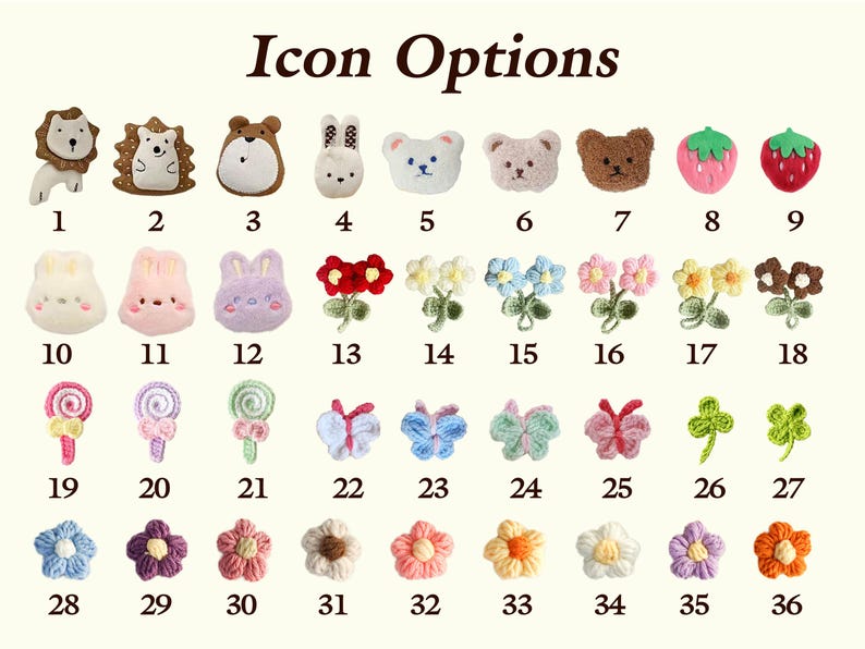 May include: A collection of 36 embroidered icon options, including animals, flowers, butterflies, and lollipops. The icons are numbered and displayed on a cream-colored background. The text "Icon Options" is at the top.