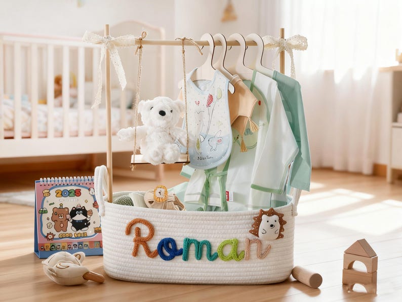 May include: A white rope basket with the name "Roman" in colorful letters, holding baby clothes and toys. A teddy bear swings from a wooden rack above, with a calendar and wooden blocks nearby. The clothes are light green and white.