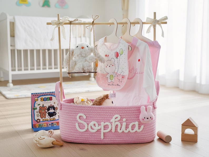 May include: A pink rope basket with the name "Sophia" in white script, holding baby clothes on hangers. A plush bunny swings from a wooden frame above. A 2023 calendar and wooden toys are nearby.