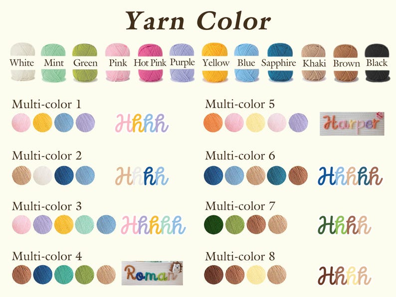 May include: A color chart displaying yarn colors and multi-color combinations. The top row features individual yarn colors: white, mint, green, pink, hot pink, purple, yellow, blue, sapphire, khaki, brown, and black. Below are multi-color examples with names.
