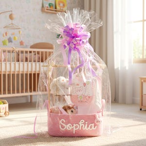 May include: A pink baby gift basket wrapped in clear cellophane and topped with a large purple and pink bow. The basket contains a plush bunny, baby clothes, and a stuffed animal. The name "Sophia" is embroidered on the basket.