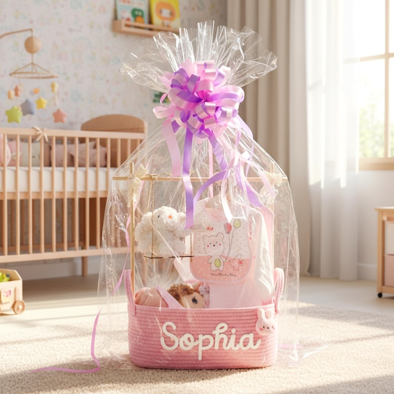 May include: A pink baby gift basket wrapped in clear cellophane and topped with a large purple and pink bow. The basket contains a plush bunny, baby clothes, and a stuffed animal. The name "Sophia" is embroidered on the basket.