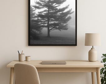 Black and White Pine with Fog |Digital Fine Art Print | Minimalist Nature Wall Art | Misty Landscape| Monochrome Photography | 2:3 Ratio