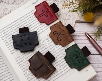Custom Magnetic Leather Bookmark with Pen Holder — Engraved Monogram, Gift for Readers & Book Lover