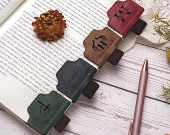 Leather Magnetic Bookmark with Pen Clip, Personalized Initial Engraving Gift
