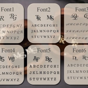 May include: Six font samples are displayed on individual, off-white cards with rounded corners. Each card features a font name, two example letters, and the full alphabet in uppercase. The fonts showcase a variety of styles for design purposes.