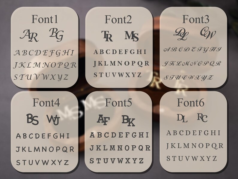 May include: Six font samples are displayed on individual, off-white cards with rounded corners. Each card features a font name, two example letters, and the full alphabet in uppercase. The fonts showcase a variety of styles for design purposes.