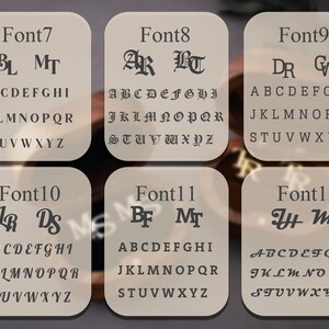 May include: Six font samples are shown on light beige, rounded rectangles. Each sample displays a font name, two letter examples, and the full alphabet in uppercase letters. The fonts are in various styles.