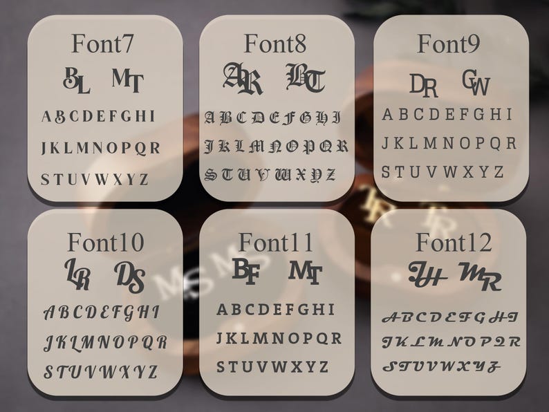 May include: Six font samples are shown on light beige, rounded rectangles. Each sample displays a font name, two letter examples, and the full alphabet in uppercase letters. The fonts are in various styles.
