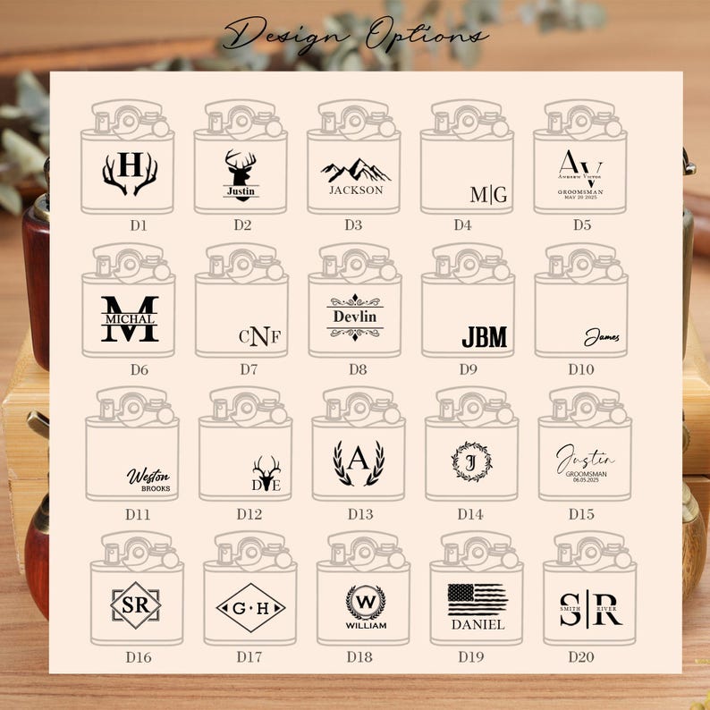 May include: A selection of personalized lighter designs, each featuring unique engravings. Options include initials, names, and graphic elements like a deer, mountains, and a flag. The text "Design Options" is at the top.